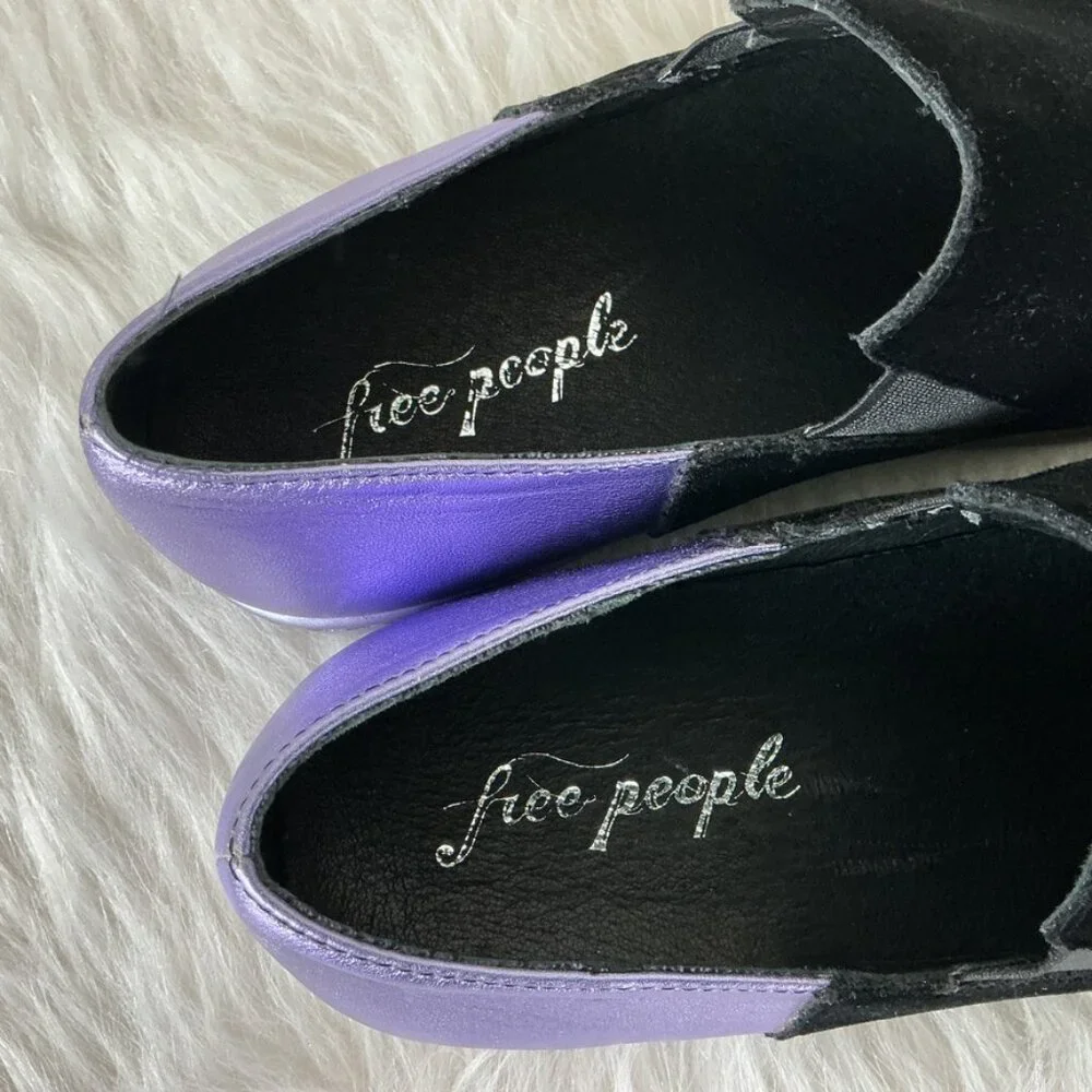 Free People Black Velvet Purple Metallic Leather Varsity Slip On Sneakers 37 US